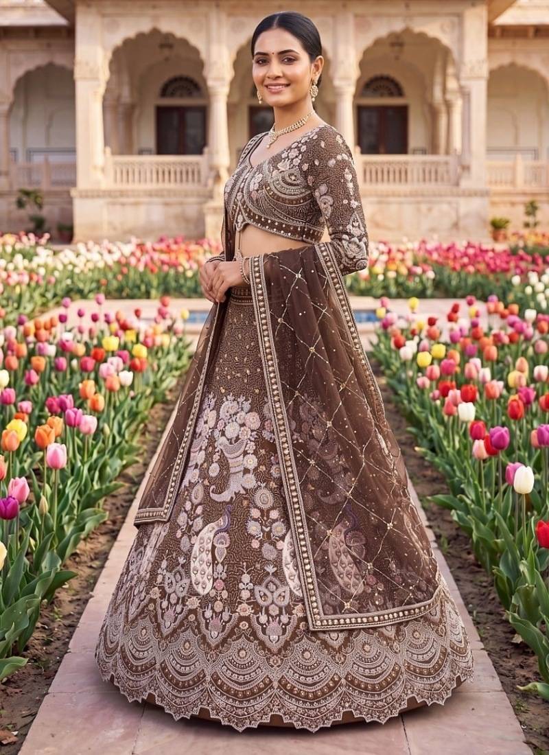 Designer Heavy Embroidery Brown Lehenga Choli with Dupatta – Ethnic Party and Wedding Special Outfit"