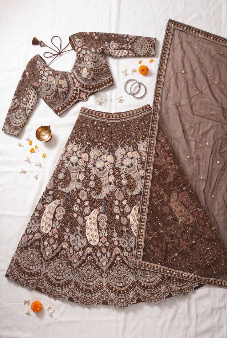 Designer Heavy Embroidery Brown Lehenga Choli with Dupatta – Ethnic Party and Wedding Special Outfit"