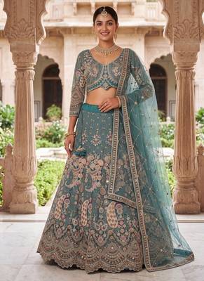 Peacock Sky Blue Embroidered Lehenga Choli with Net Dupatta – Traditional Wedding & Festive Wear for Women 1