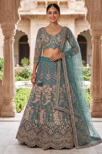 Peacock Sky Blue Embroidered Lehenga Choli with Net Dupatta – Traditional Wedding & Festive Wear for Women
