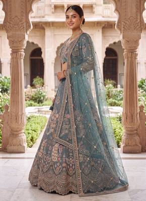 Peacock Sky Blue Embroidered Lehenga Choli with Net Dupatta – Traditional Wedding & Festive Wear for Women 2