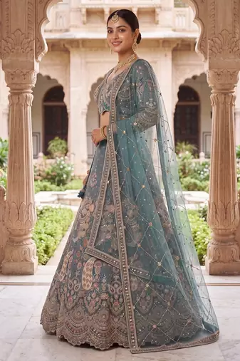 Peacock Sky Blue Embroidered Lehenga Choli with Net Dupatta – Traditional Wedding & Festive Wear for Women
