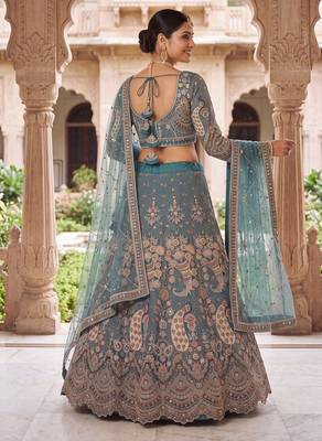 Peacock Sky Blue Embroidered Lehenga Choli with Net Dupatta – Traditional Wedding & Festive Wear for Women 3