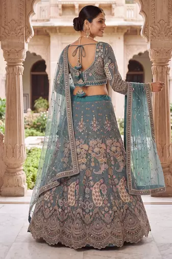 Peacock Sky Blue Embroidered Lehenga Choli with Net Dupatta – Traditional Wedding & Festive Wear for Women