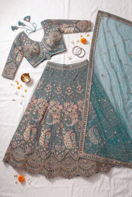 Peacock Sky Blue Embroidered Lehenga Choli with Net Dupatta – Traditional Wedding & Festive Wear for Women 4