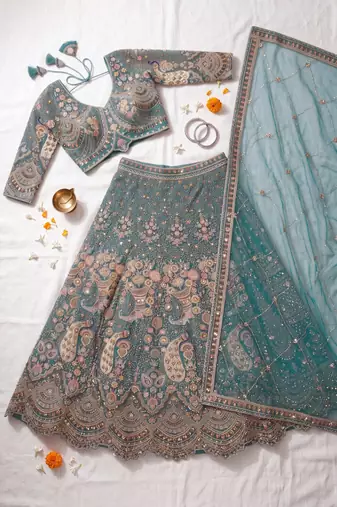 Peacock Sky Blue Embroidered Lehenga Choli with Net Dupatta – Traditional Wedding & Festive Wear for Women