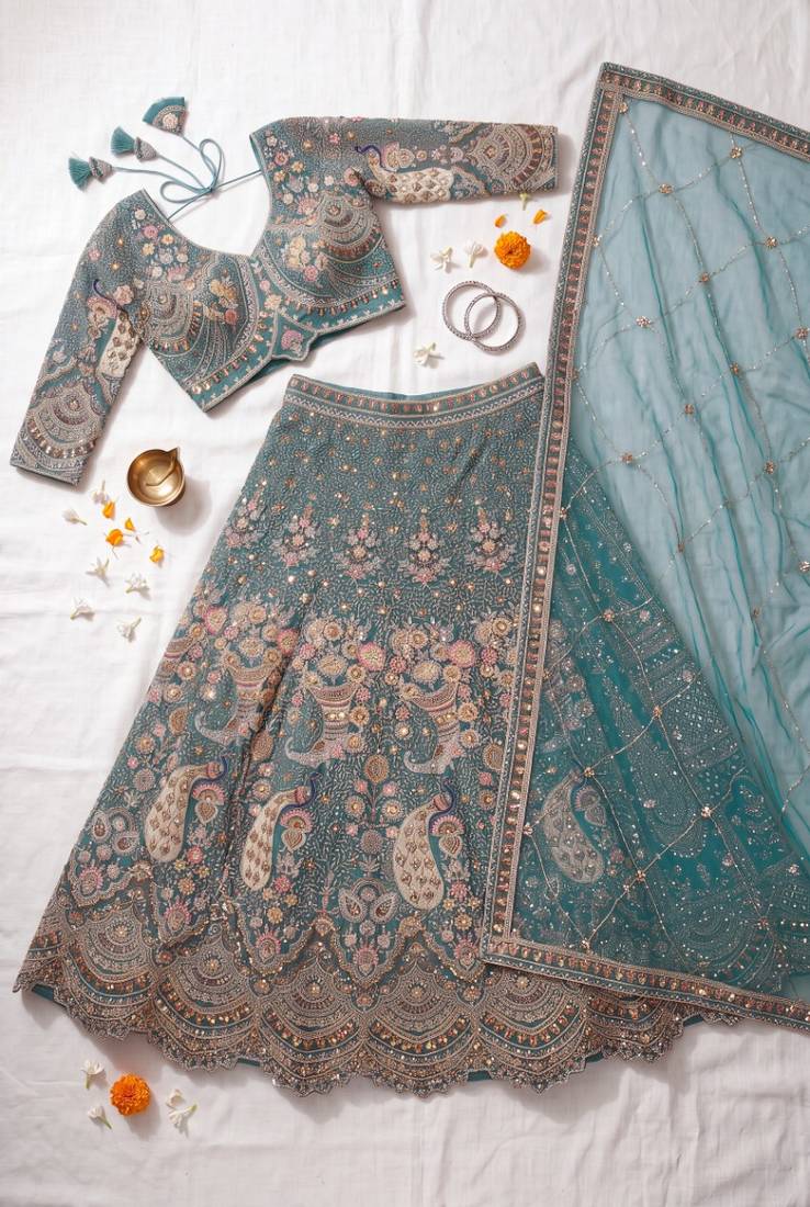 Peacock Sky Blue Embroidered Lehenga Choli with Net Dupatta – Traditional Wedding & Festive Wear for Women