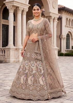Premium Ethnic Designer Lehenga Choli Set for Women - Heavy Embroidered Peacock Motif Taupe Lehenga 1