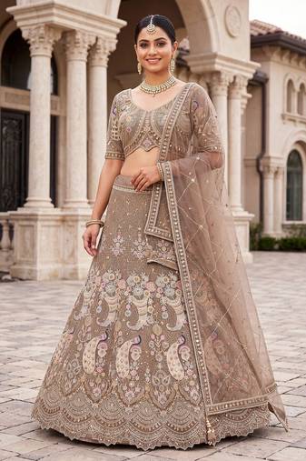 Premium Ethnic Designer Lehenga Choli Set for Women - Heavy Embroidered Peacock Motif Taupe Lehenga