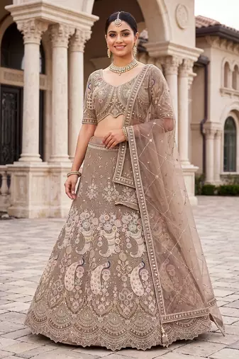 Premium Ethnic Designer Lehenga Choli Set for Women - Heavy Embroidered Peacock Motif Taupe Lehenga