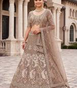 Premium Ethnic Designer Lehenga Choli Set for Women - Heavy Embroidered Peacock Motif Taupe Lehenga