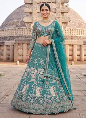 Sea Green Floral Embroidered Lehenga Set with Net Dupatta - Traditional Ethnic Bridal Wear 1
