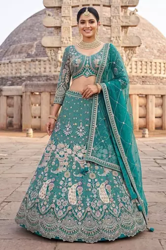 Sea Green Floral Embroidered Lehenga Set with Net Dupatta - Traditional Ethnic Bridal Wear