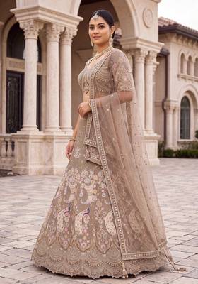 Premium Ethnic Designer Lehenga Choli Set for Women - Heavy Embroidered Peacock Motif Taupe Lehenga 2