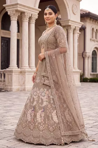 Premium Ethnic Designer Lehenga Choli Set for Women - Heavy Embroidered Peacock Motif Taupe Lehenga