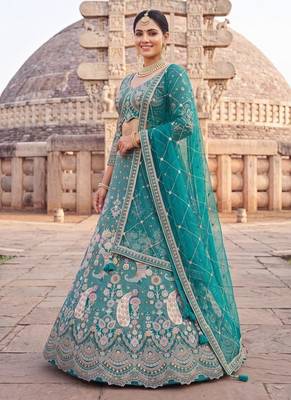 Sea Green Floral Embroidered Lehenga Set with Net Dupatta - Traditional Ethnic Bridal Wear 2