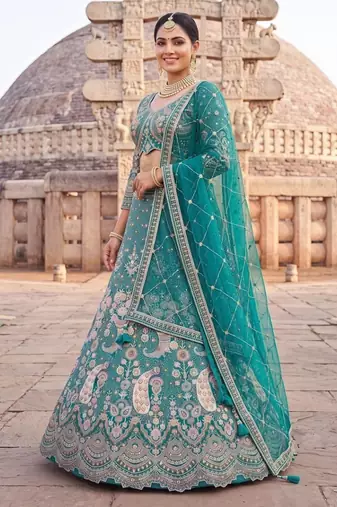 Sea Green Floral Embroidered Lehenga Set with Net Dupatta - Traditional Ethnic Bridal Wear