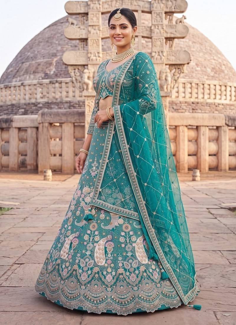 Sea Green Floral Embroidered Lehenga Set with Net Dupatta - Traditional Ethnic Bridal Wear