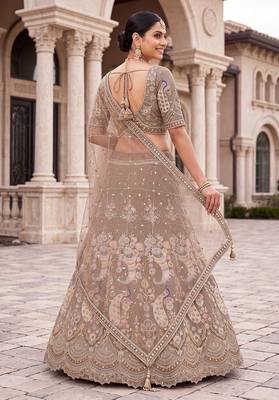 Premium Ethnic Designer Lehenga Choli Set for Women - Heavy Embroidered Peacock Motif Taupe Lehenga 3