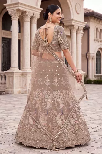 Premium Ethnic Designer Lehenga Choli Set for Women - Heavy Embroidered Peacock Motif Taupe Lehenga