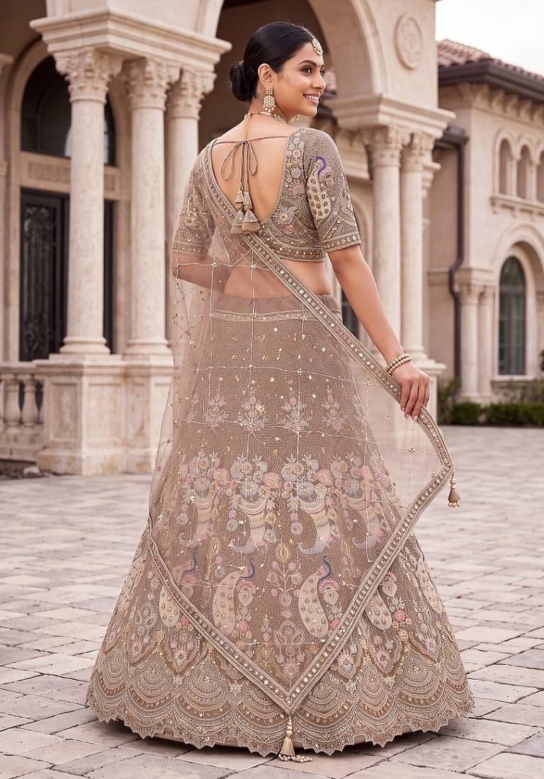 Premium Ethnic Designer Lehenga Choli Set for Women - Heavy Embroidered Peacock Motif Taupe Lehenga