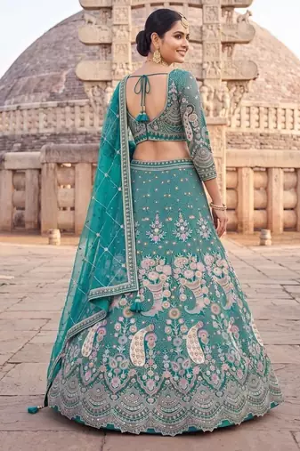 Sea Green Floral Embroidered Lehenga Set with Net Dupatta - Traditional Ethnic Bridal Wear
