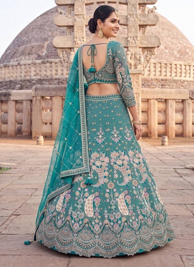 Sea Green Floral Embroidered Lehenga Set with Net Dupatta - Traditional Ethnic Bridal Wear