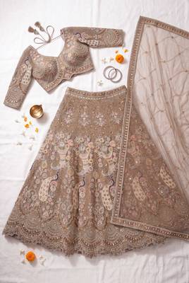 Premium Ethnic Designer Lehenga Choli Set for Women - Heavy Embroidered Peacock Motif Taupe Lehenga 4
