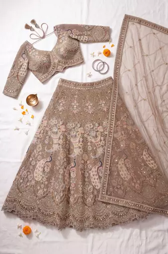 Premium Ethnic Designer Lehenga Choli Set for Women - Heavy Embroidered Peacock Motif Taupe Lehenga