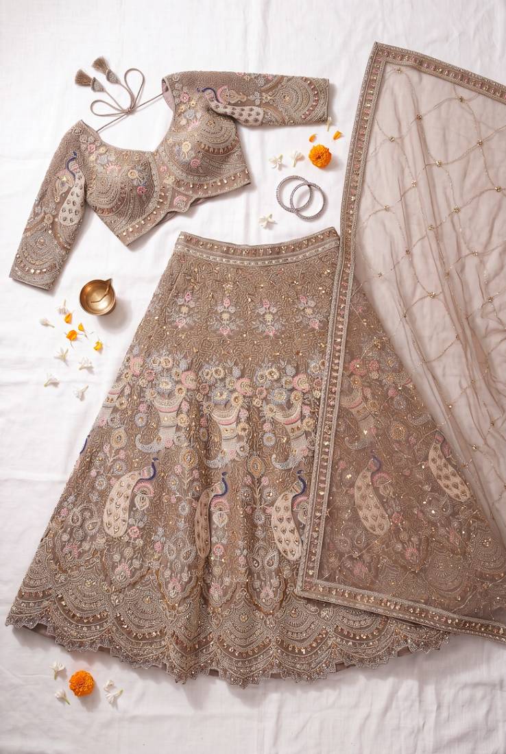 Premium Ethnic Designer Lehenga Choli Set for Women - Heavy Embroidered Peacock Motif Taupe Lehenga