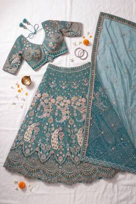 Sea Green Floral Embroidered Lehenga Set with Net Dupatta - Traditional Ethnic Bridal Wear 4