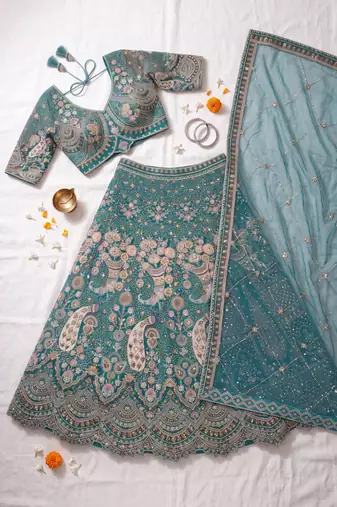 Sea Green Floral Embroidered Lehenga Set with Net Dupatta - Traditional Ethnic Bridal Wear