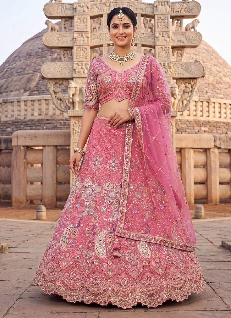 Stunning Pink Embroidered Lehenga Choli with Heavy Zari Work and Sequins – Perfect for Weddings & Festive Occasions