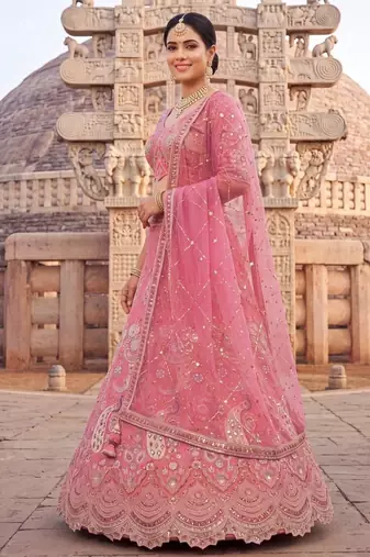 Stunning Pink Embroidered Lehenga Choli with Heavy Zari Work and Sequins – Perfect for Weddings & Festive Occasions