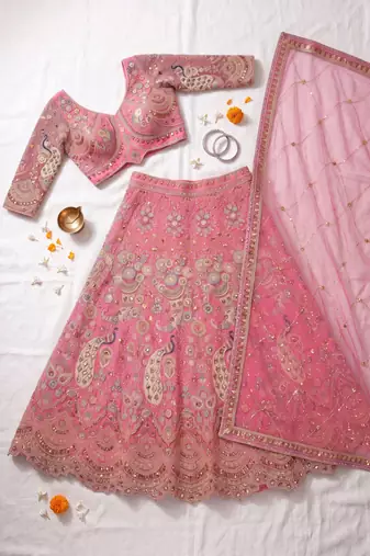 Stunning Pink Embroidered Lehenga Choli with Heavy Zari Work and Sequins – Perfect for Weddings & Festive Occasions
