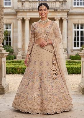 Light skin colour Beige Embroidered Bridal Lehenga Choli with Pastel Floral Motifs and Detailed Zardosi Work 1