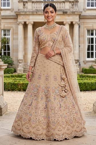 Beige Embroidered Bridal Lehenga Choli Floral Motifs and Detailed Zardosi Work