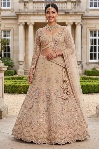 Light skin colour Beige Embroidered Bridal Lehenga Choli with Pastel Floral Motifs and Detailed Zardosi Work
