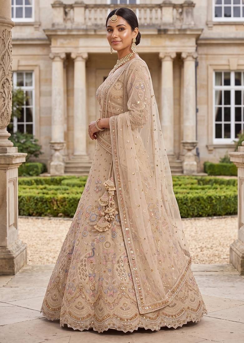 Light skin colour Beige Embroidered Bridal Lehenga Choli with Pastel Floral Motifs and Detailed Zardosi Work
