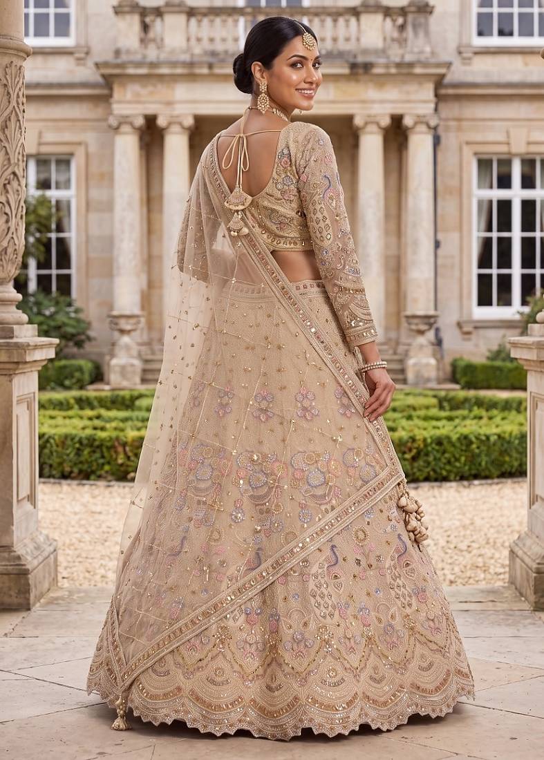 Light skin colour Beige Embroidered Bridal Lehenga Choli with Pastel Floral Motifs and Detailed Zardosi Work
