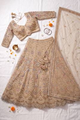 Light skin colour Beige Embroidered Bridal Lehenga Choli with Pastel Floral Motifs and Detailed Zardosi Work 4