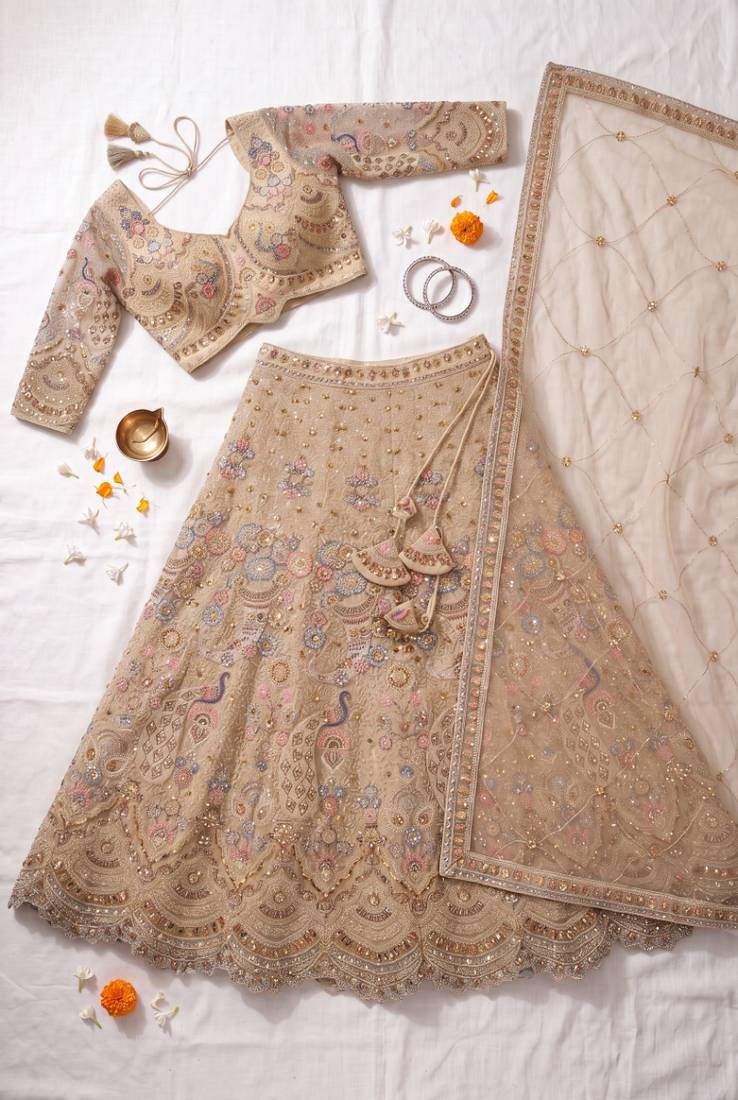 Light skin colour Beige Embroidered Bridal Lehenga Choli with Pastel Floral Motifs and Detailed Zardosi Work