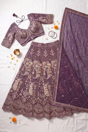 Elegant Purple Embroidered Lehenga Choli Set for Wedding & Festive Wear