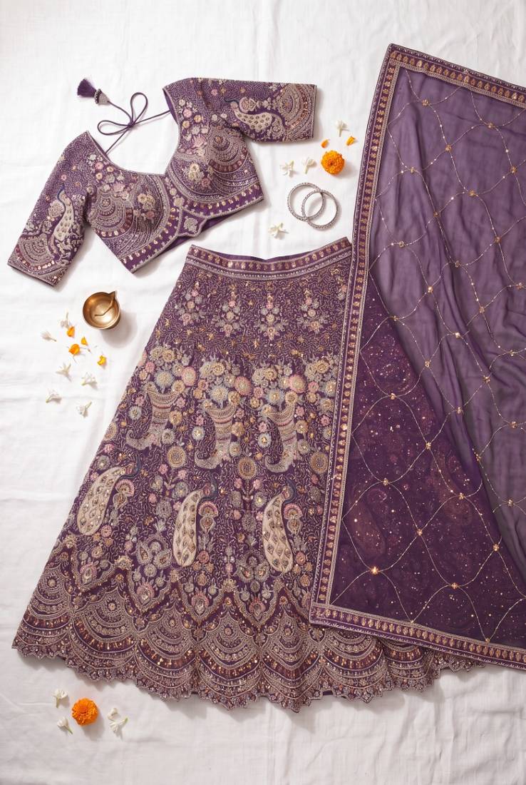 Elegant Purple Embroidered Lehenga Choli Set for Wedding & Festive Wear