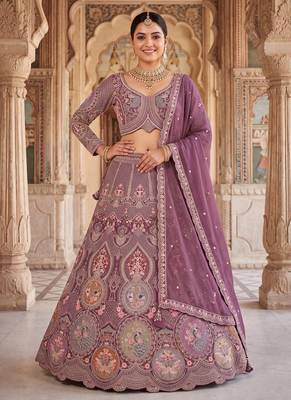Women’s Heavy Embroidered Wedding Lehenga Choli – Purple/Mauve Party Wear Ethnic Indian Lehenga with Scalloped Dupatta 1