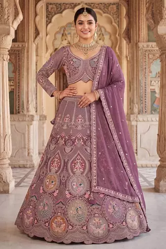 Women’s Heavy Embroidered Wedding Lehenga Choli – Purple/Mauve Party Wear Ethnic Indian Lehenga with Scalloped Dupatta
