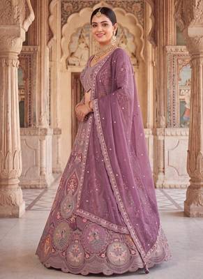 Women’s Heavy Embroidered Wedding Lehenga Choli – Purple/Mauve Party Wear Ethnic Indian Lehenga with Scalloped Dupatta 2