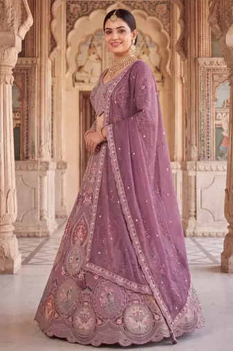 Women’s Heavy Embroidered Wedding Lehenga Choli – Purple/Mauve Party Wear Ethnic Indian Lehenga with Scalloped Dupatta