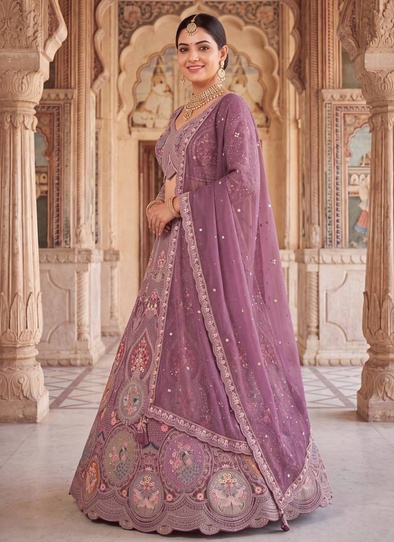 Women’s Heavy Embroidered Wedding Lehenga Choli – Purple/Mauve Party Wear Ethnic Indian Lehenga with Scalloped Dupatta