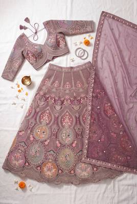 Women’s Heavy Embroidered Wedding Lehenga Choli – Purple/Mauve Party Wear Ethnic Indian Lehenga with Scalloped Dupatta 4